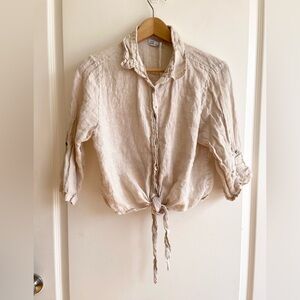 100% Lino Italy Cropped Tie Top Button Down Size S Boxy Fit Euro Summer Linen